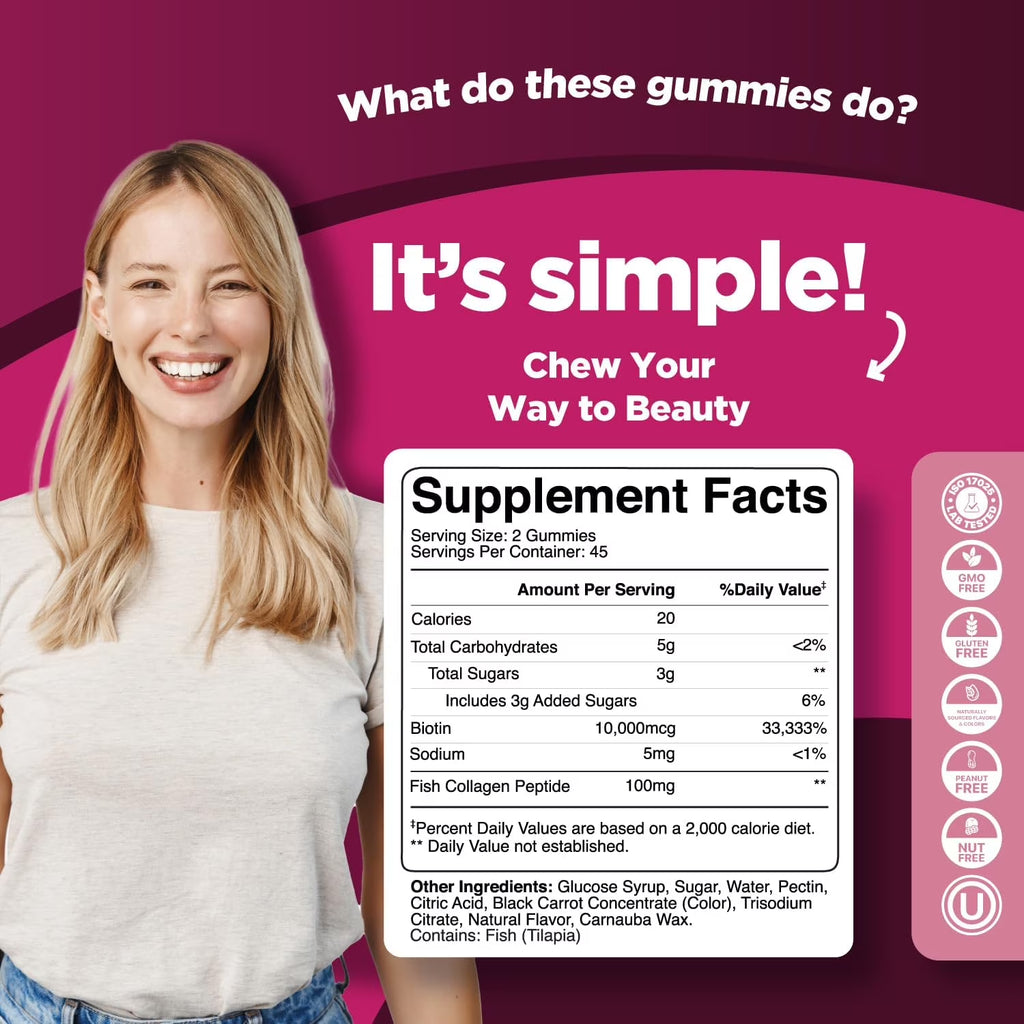 Extra Strength Biotin and Collagen Gummies for Hair, Skin, & Nail Health, 90 Gummies