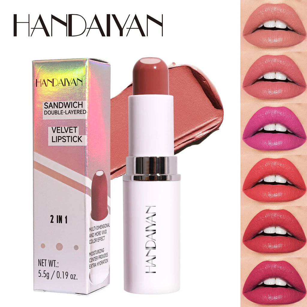 2-In-1 Nude Lipstick Matte Red Lip Balm Moisturizing 8 Colors Sandwich Lipstick Waterproof Long Lasting Non-Stick Cup Lip Stick